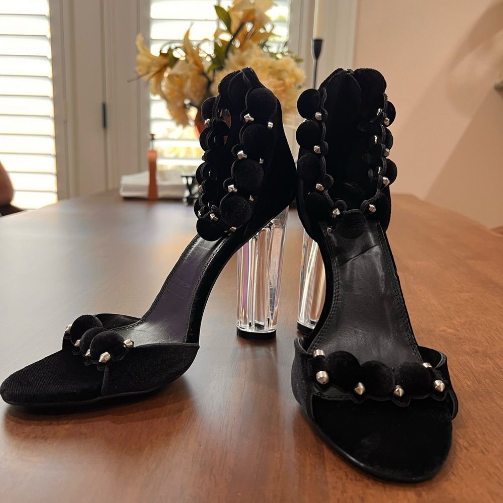 Panda shoe, Faux Velvet Sphere Single Sole Clear Chunky Heel Sandals size 8.5